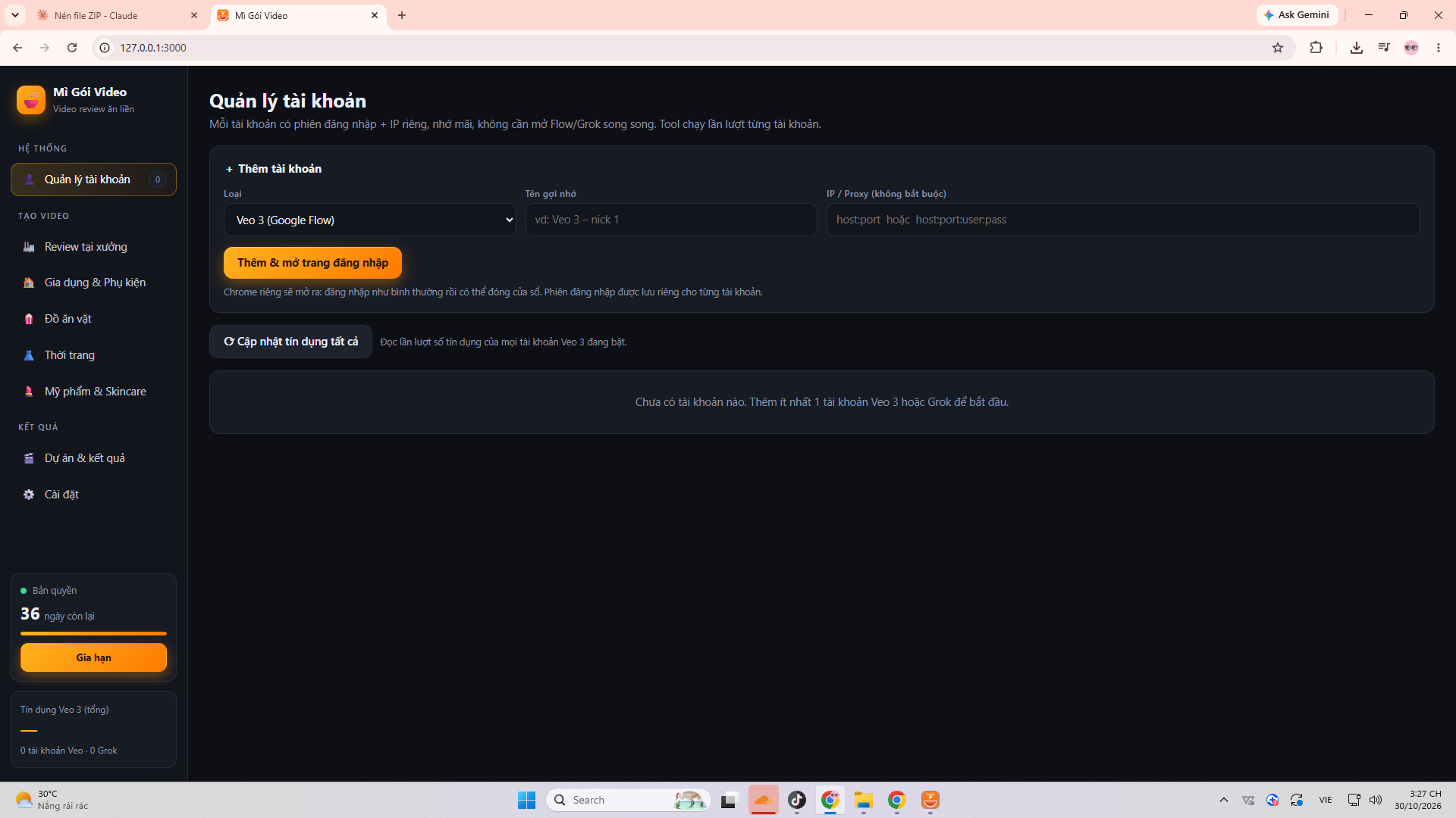 Giao diện tool Mì Gói Video